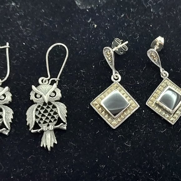 Pewter Owl Studs marked .925 & Square Marcasite Onyx Drop LOT of two - Picture 11 of 11